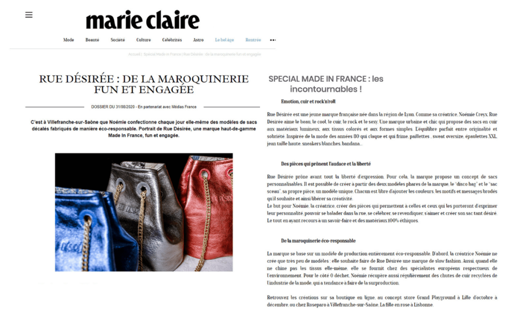 Rue Désirée dans Marie Claire, août 2020