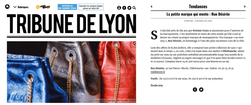 Rue Désirée dans La Tribune de Lyon, décembre 2020